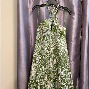 EUC Gorgeous Floral Green & White Robbie Bee  necklace halter dress Sz 10